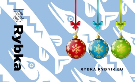 Awers karty Rybka, na niej trzy kolorowe bombki