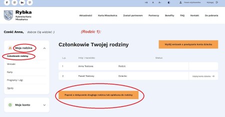 Zrzut strony panelu użytkownika karty Rybka