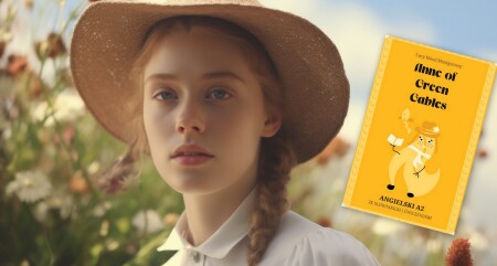 Dziewczynka stylizowana na Anię z&nbsp;Zielonego Wzgórza, z&nbsp;boku okładka anglojęzycznej wersji książki Anne of Green Gables