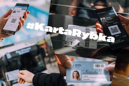 Kolaż zdjęć karty Rybka - plastikowej i&nbsp;w aplikacji. Na kolaż nałożony napis: #KartaRybka