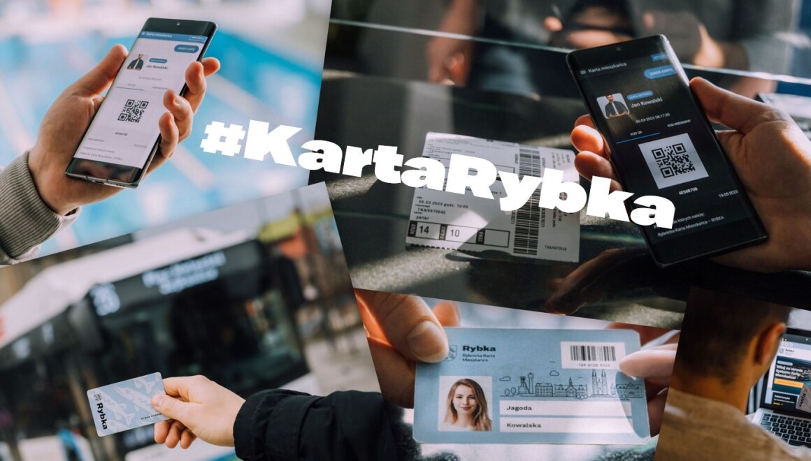 Kolaż zdjęć karty Rybka - plastikowej i&nbsp;w aplikacji. Na kolaż nałożony napis: #KartaRybka
