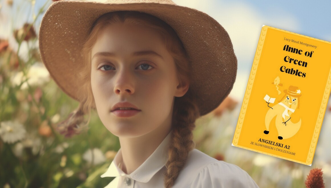 Dziewczynka stylizowana na Anię z&nbsp;Zielonego Wzgórza, z&nbsp;boku okładka anglojęzycznej wersji książki Anne of Green Gables