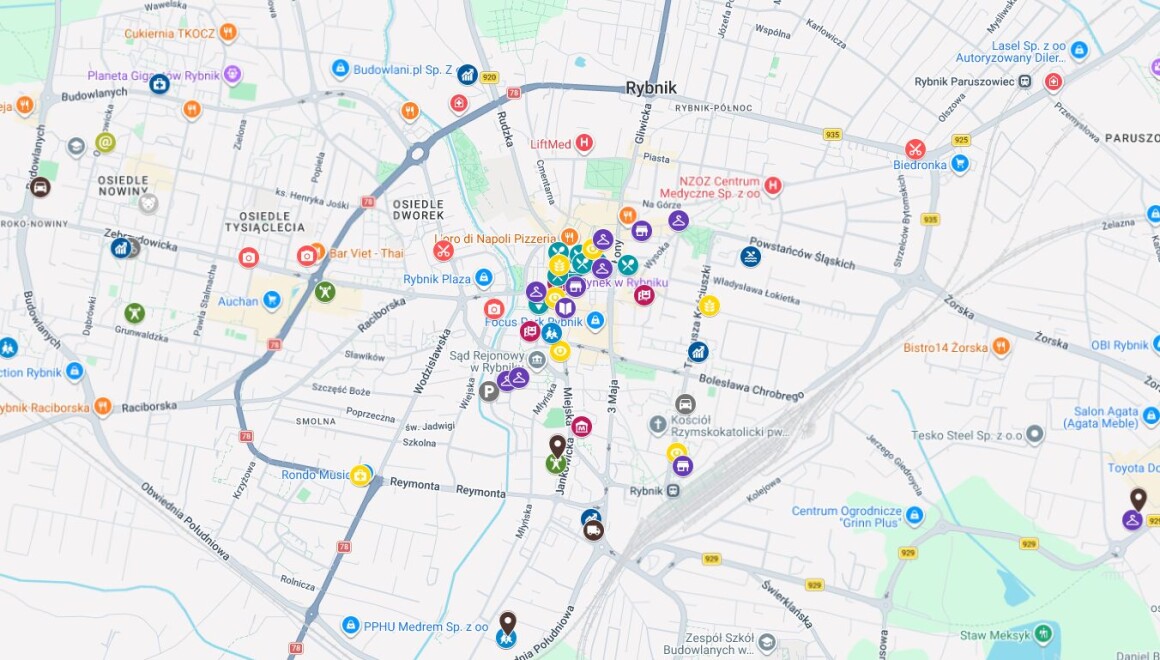 Mapa z&nbsp;zaznaczonymi puntkami karty rybka